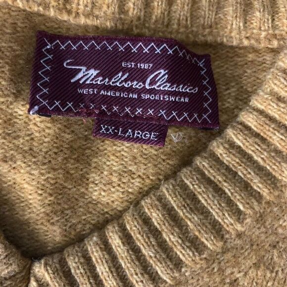 Vintage Marlboro Wool Pullover Sweater L Tan Knit V Neck Long Sleeve Ribbed Trim - Picture 6 of 6